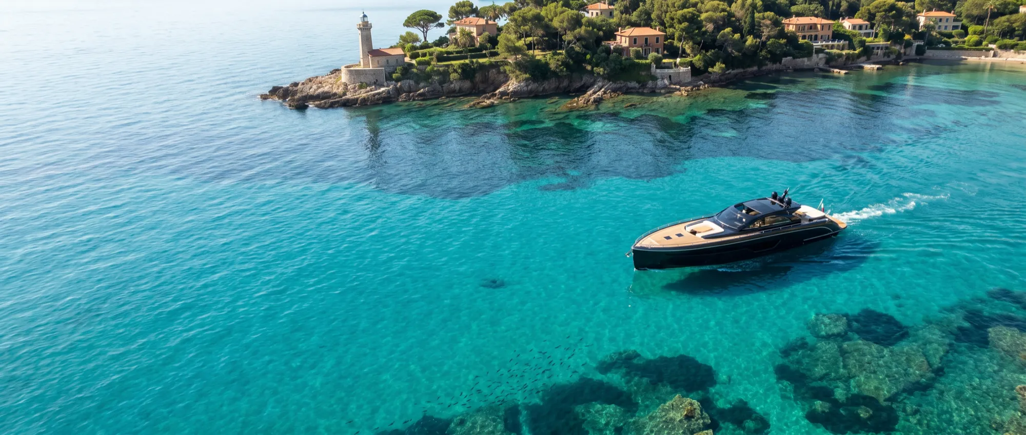 Un day boat à coque sombre navigue dans une baie turquoise près du Cap Ferrat, à la lumière du matin.