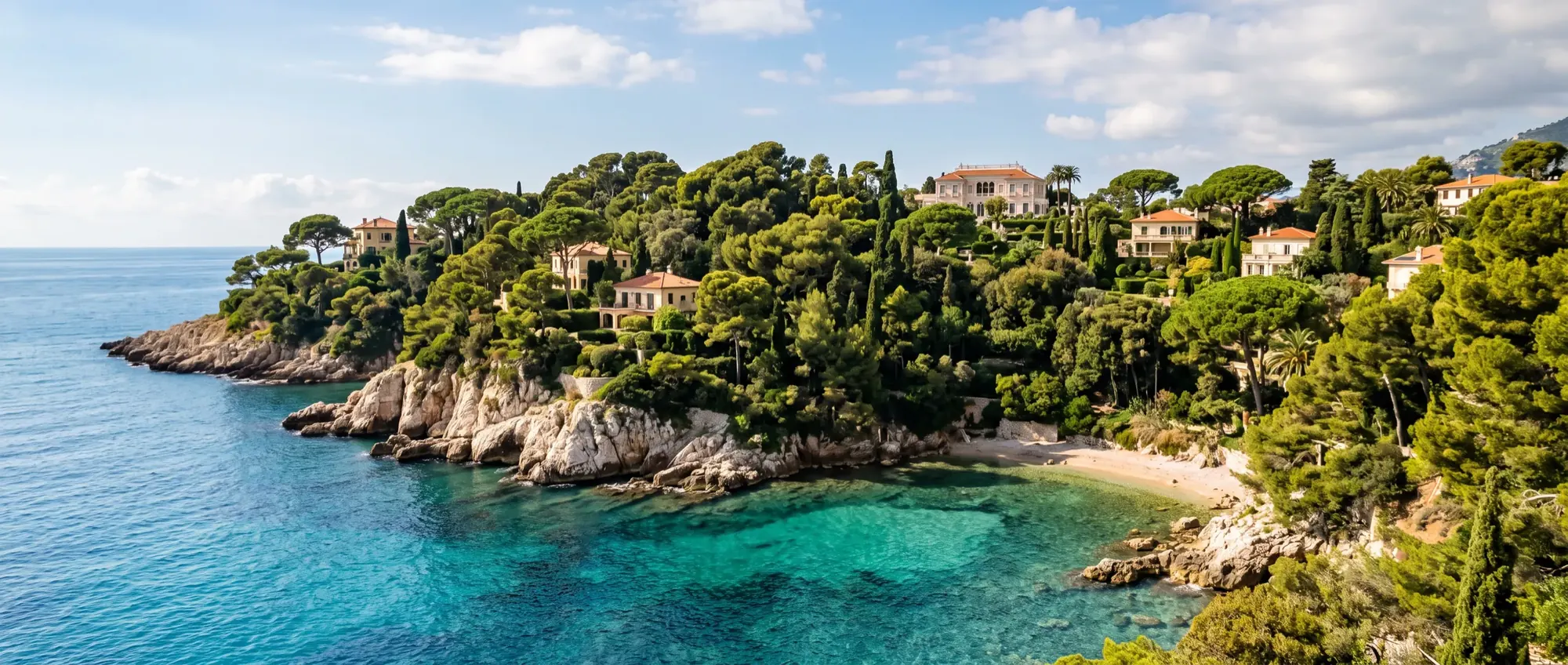 The wooded headland of Cap Ferrat from the sea, villas among the pines above clear water.