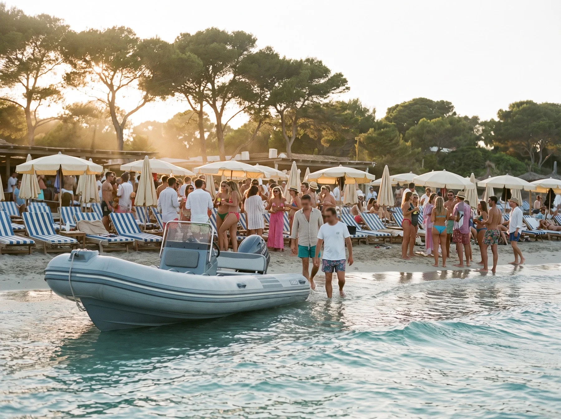 Un beach club de la Côte d’Azur en pleine fête à l’heure dorée, les invités dansant sur le sable, coupe à la main, sous les guirlandes.