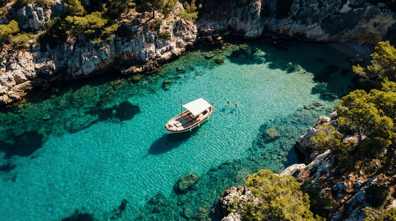 A day boat anchored alone in a turquoise cove.