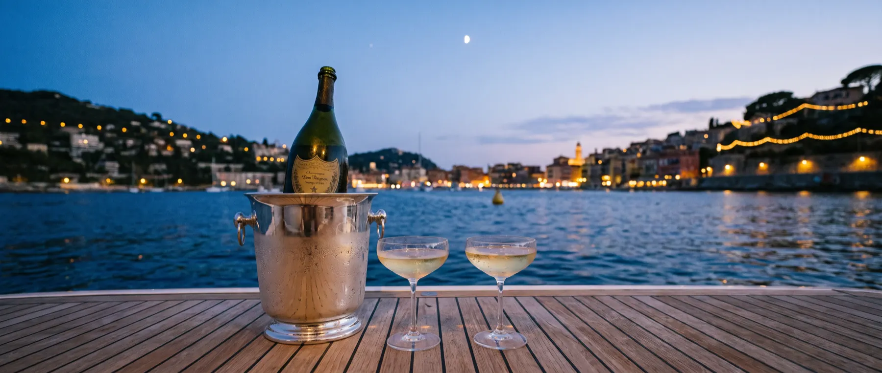 A quiet toast on the aft deck of a boat at dusk.