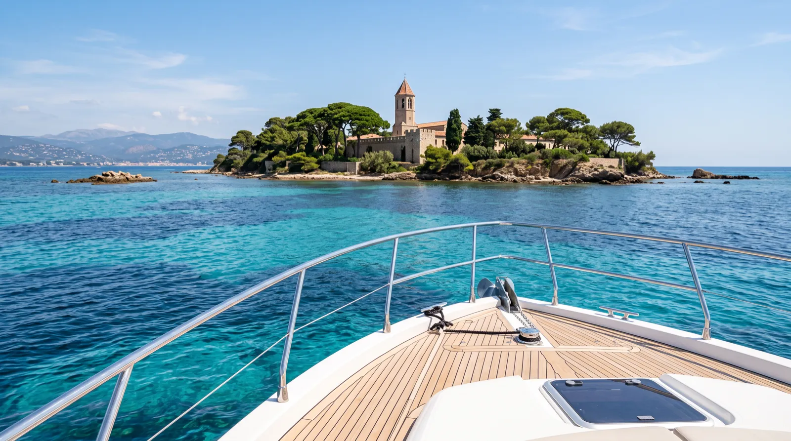 The wooded shore of the Lérins islands above clear shallow water.