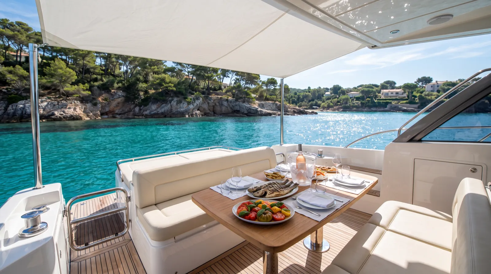 Lunch laid on the teak aft table of a boat at anchor.