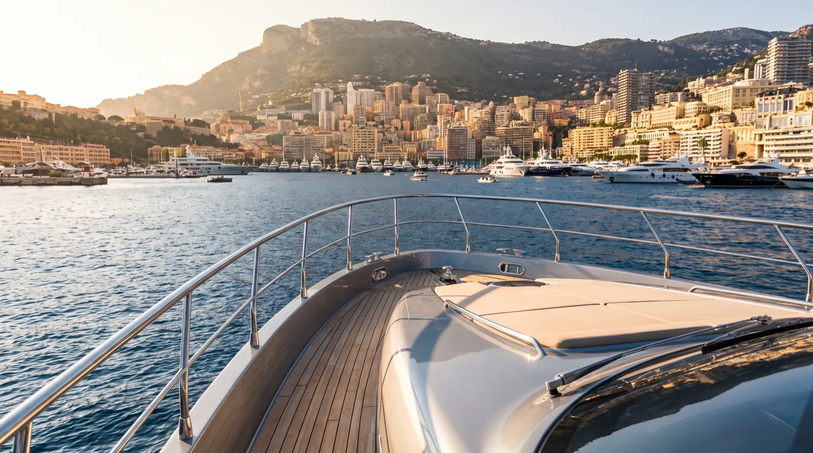 The Monaco waterfront and harbour seen from the sea.