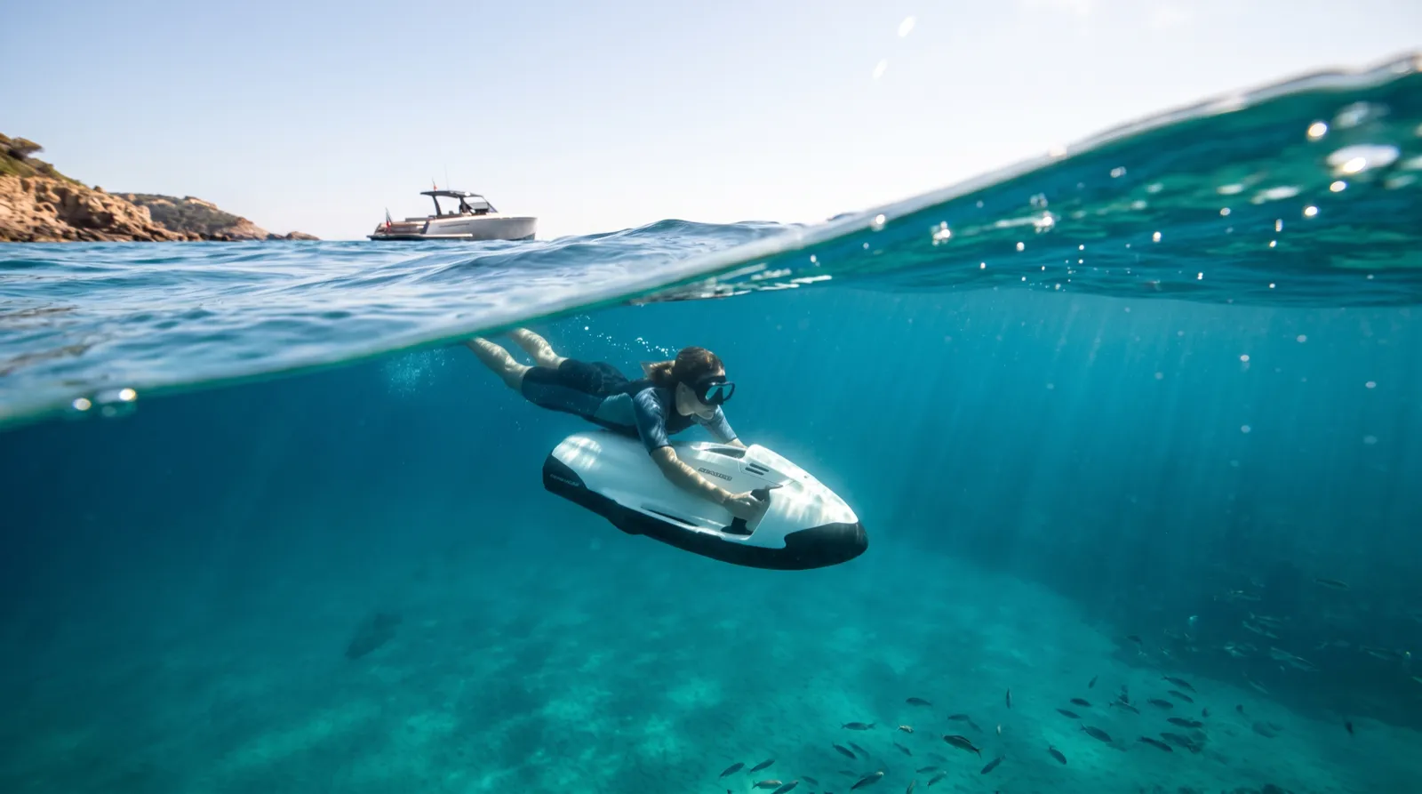 A seabob under clear water beside the bathing platform.