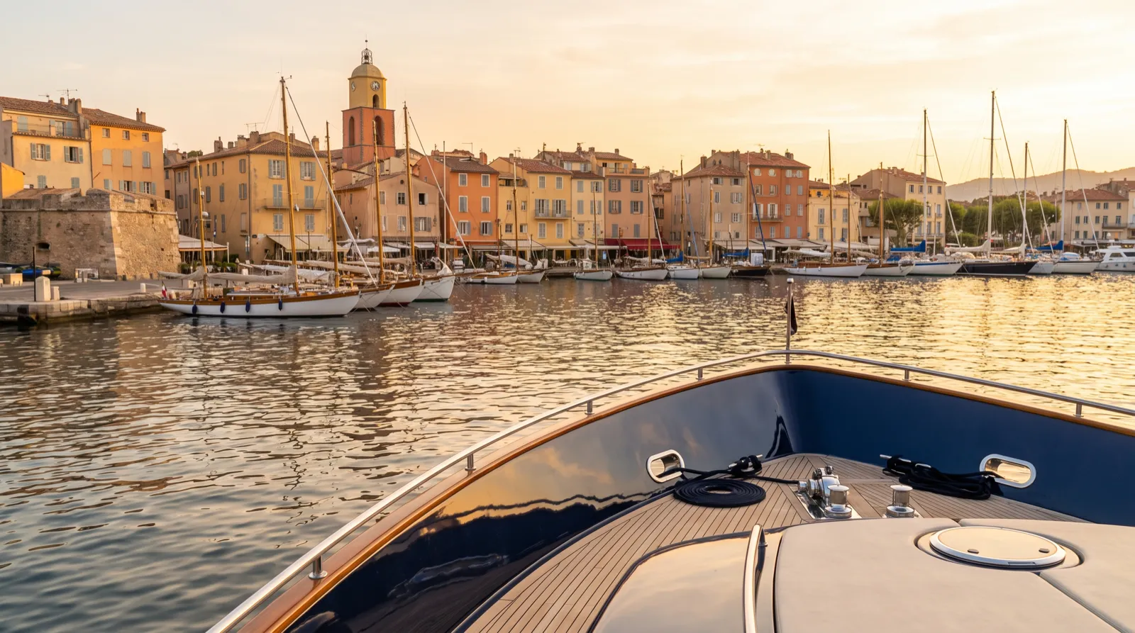 The old port of Saint-Tropez approached from the water.