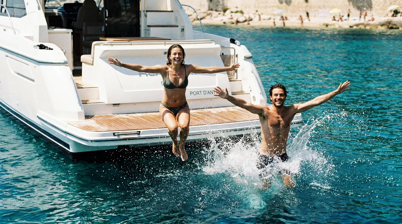 Swimmers in clear water beside a boat at anchor.