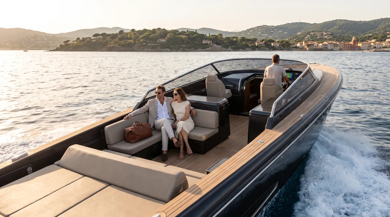 A day yacht underway along the coast, carrying guests to their destination.