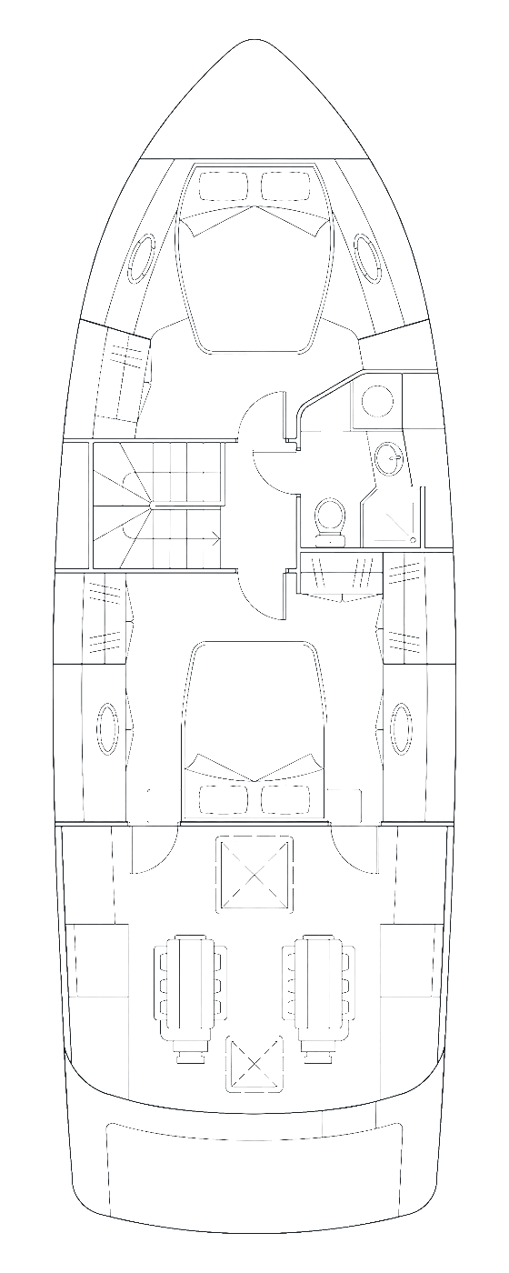 Le plan du pont inférieur, cabines et salle d’eau indiquées.
