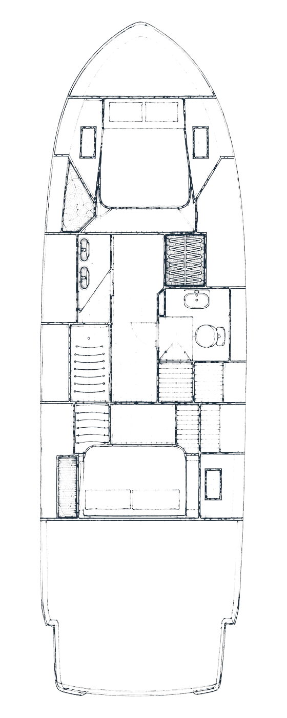 Le plan du pont inférieur, cabines et salle d’eau indiquées.