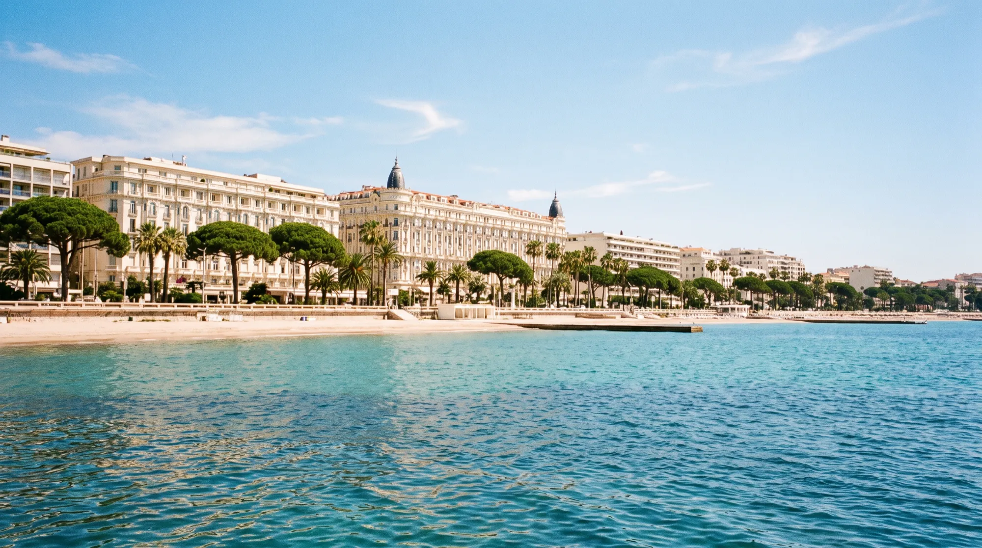 Le front de mer de Cannes depuis l’eau, pins et hôtels clairs le long de la Croisette.