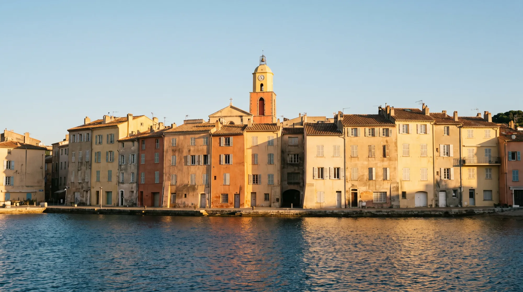 Les façades ocre du vieux port de Saint-Tropez dans la lumière de fin d’après-midi.