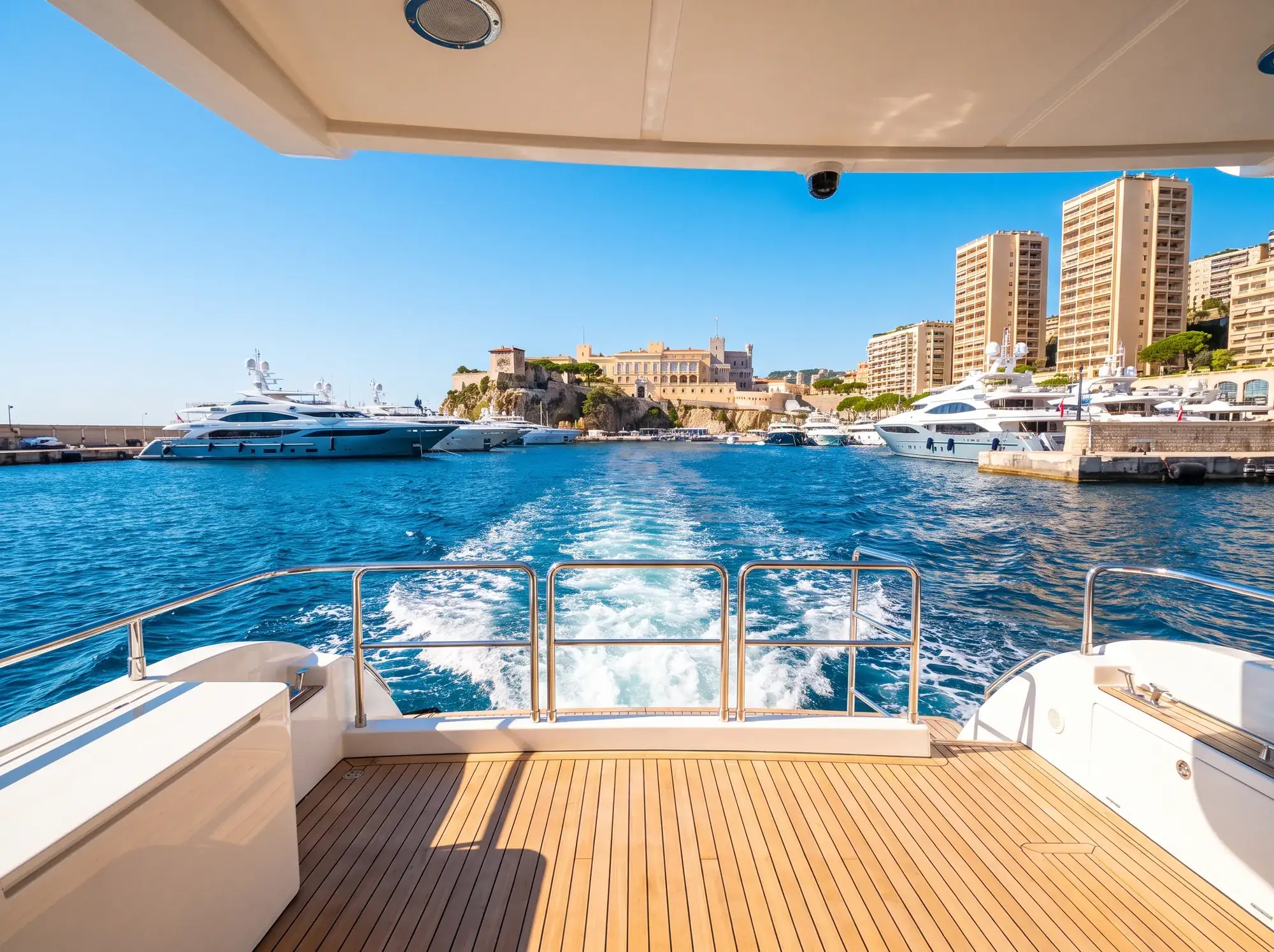 Un port de grands yachts sous de hautes tours et le rocher du palais.