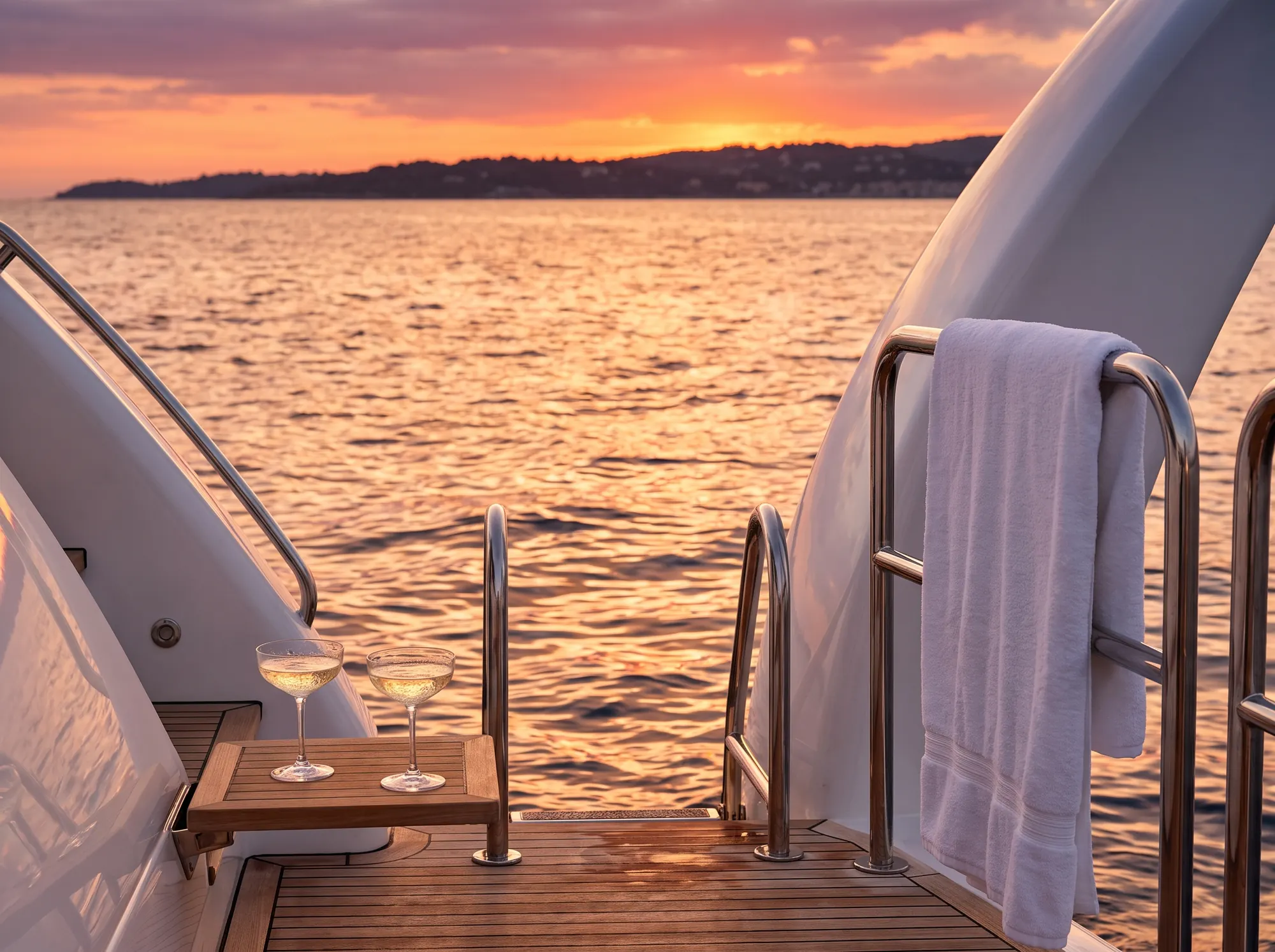 Guests on the bathing platform of a day boat at anchor as the sun goes down.